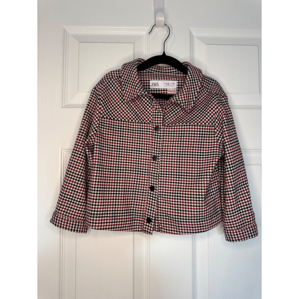 Zara Kids Plaid Shacket Red Black White Houndstooth Button Down Jacket Size 4-5